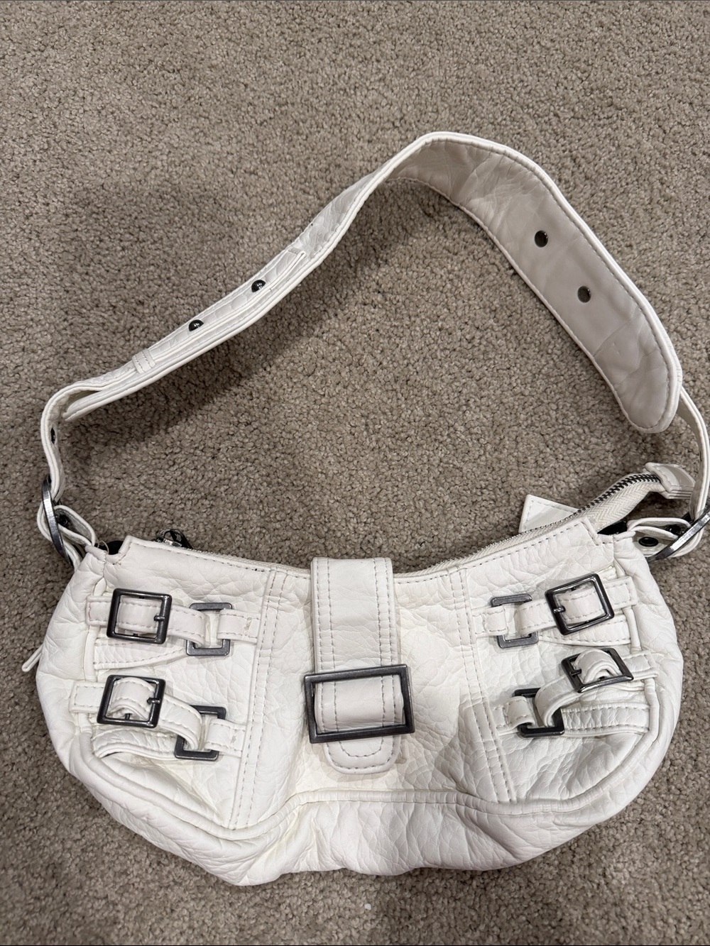 White Buckle-Accent Shoulder Bag